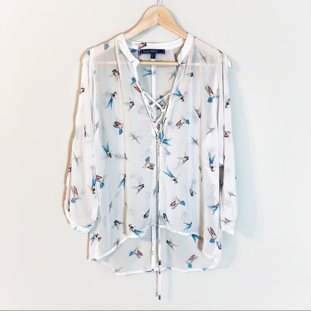 Love Stitch | Cold Shoulder Lace Up Bird Blouse